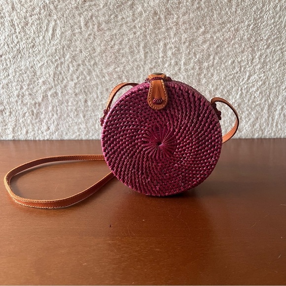 Handwoven Round Rattan Bali Crossbody Bag Boho Sustainable Button Closure Batik - Picture 6 of 10